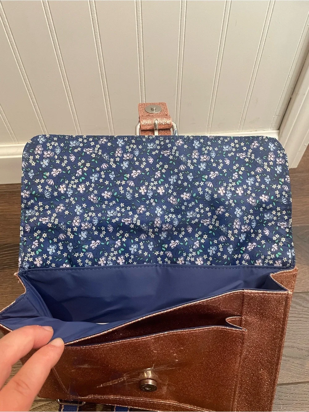 Cath Kidston Rose Gold Pink Glitter Backpack with Navy Adjustable Straps